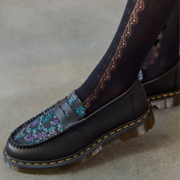☔️🩵NIB Dr. Martens Black & Rich Purple Floral Jacquard Penton Loafers Size 8 - Picture 14 of 15